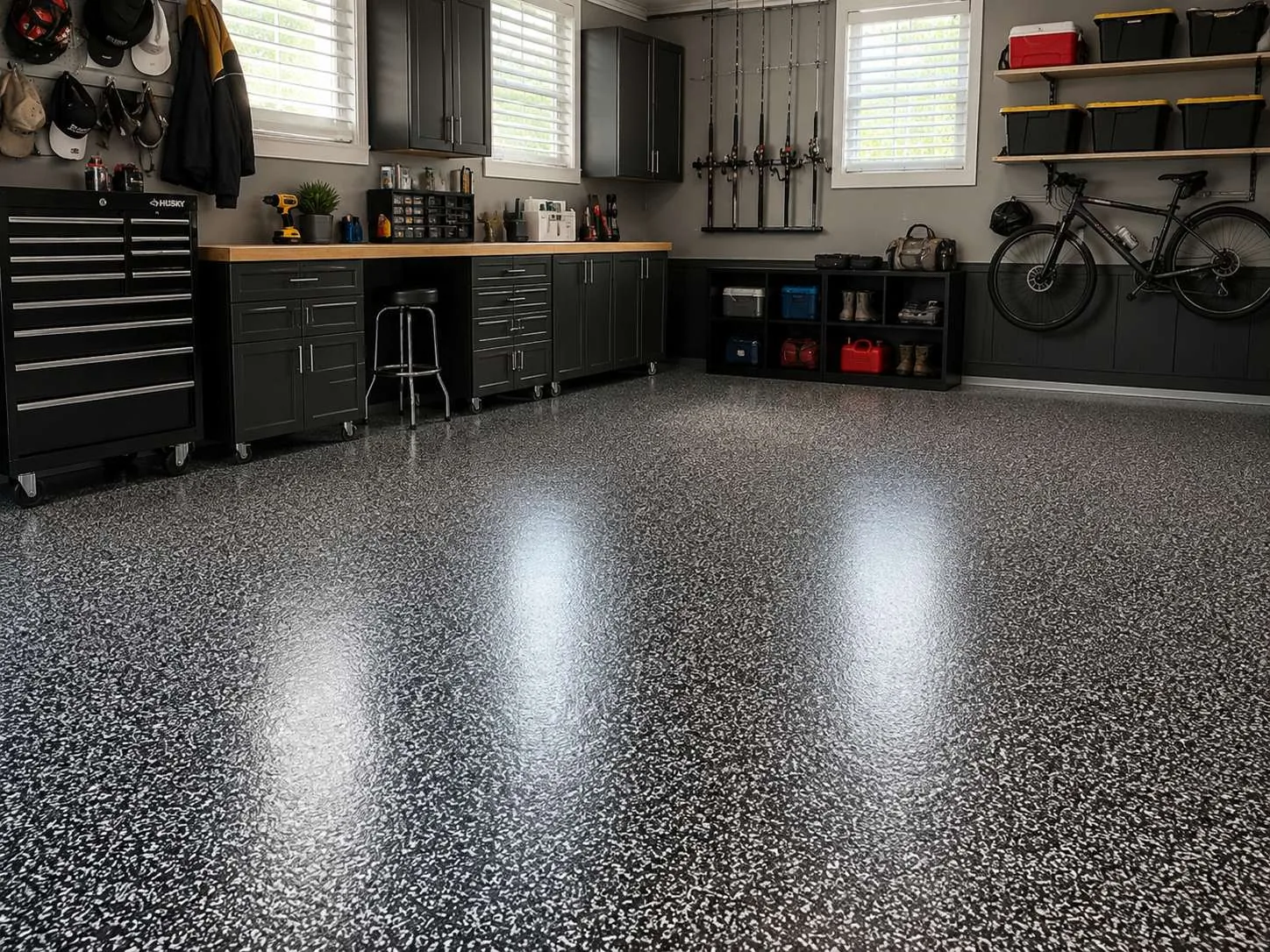 Finished black flake garage floor with storage wall, Bloomington