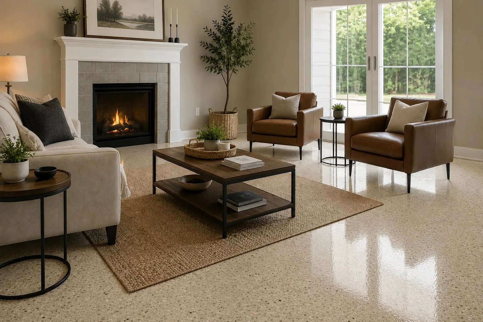 Finished basement living room with sealed decorative concrete floor, Monroe County
