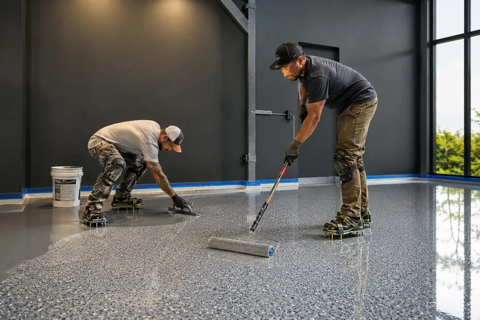 Bedrock Coatings crew installing a polyaspartic flake garage floor coating in Bloomington, Indiana